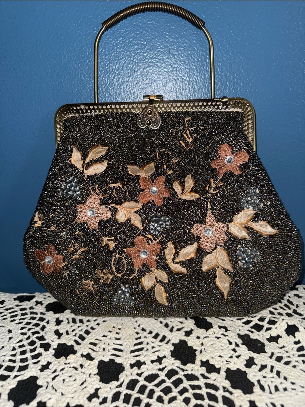 Beaded Black Floral Evening Handbag with Bronze Accents